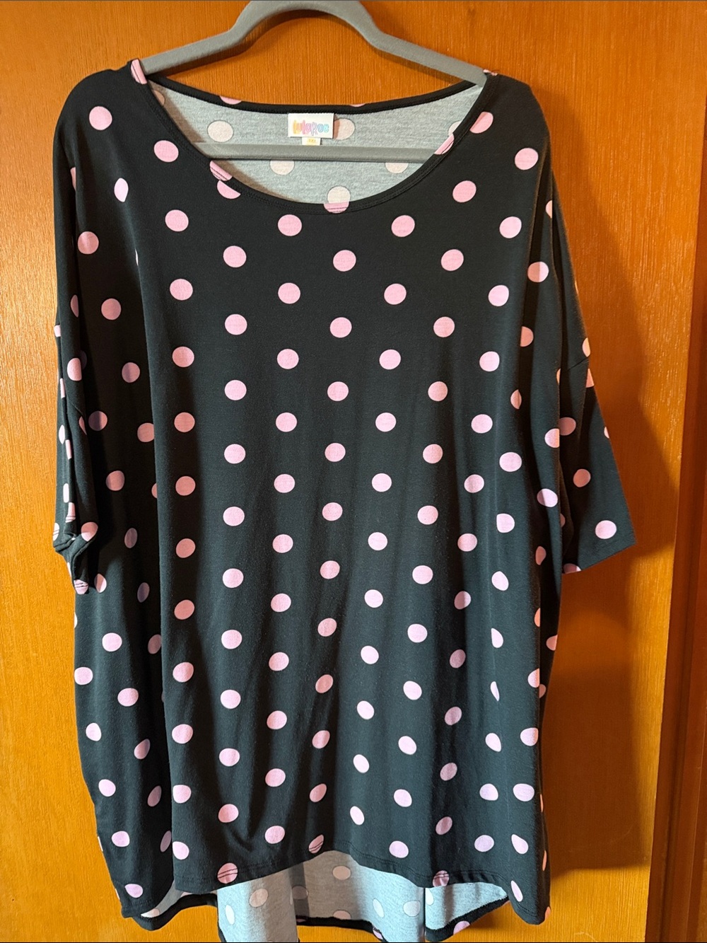 LuLaRoe Irma Black Tunic with Pink Polka Dots